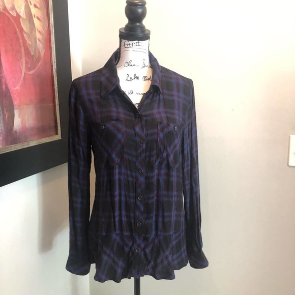 Cabi Moody Check Plaid Peplum Shirt Blue Black Size Medium Button Down casual - Picture 14 of 14